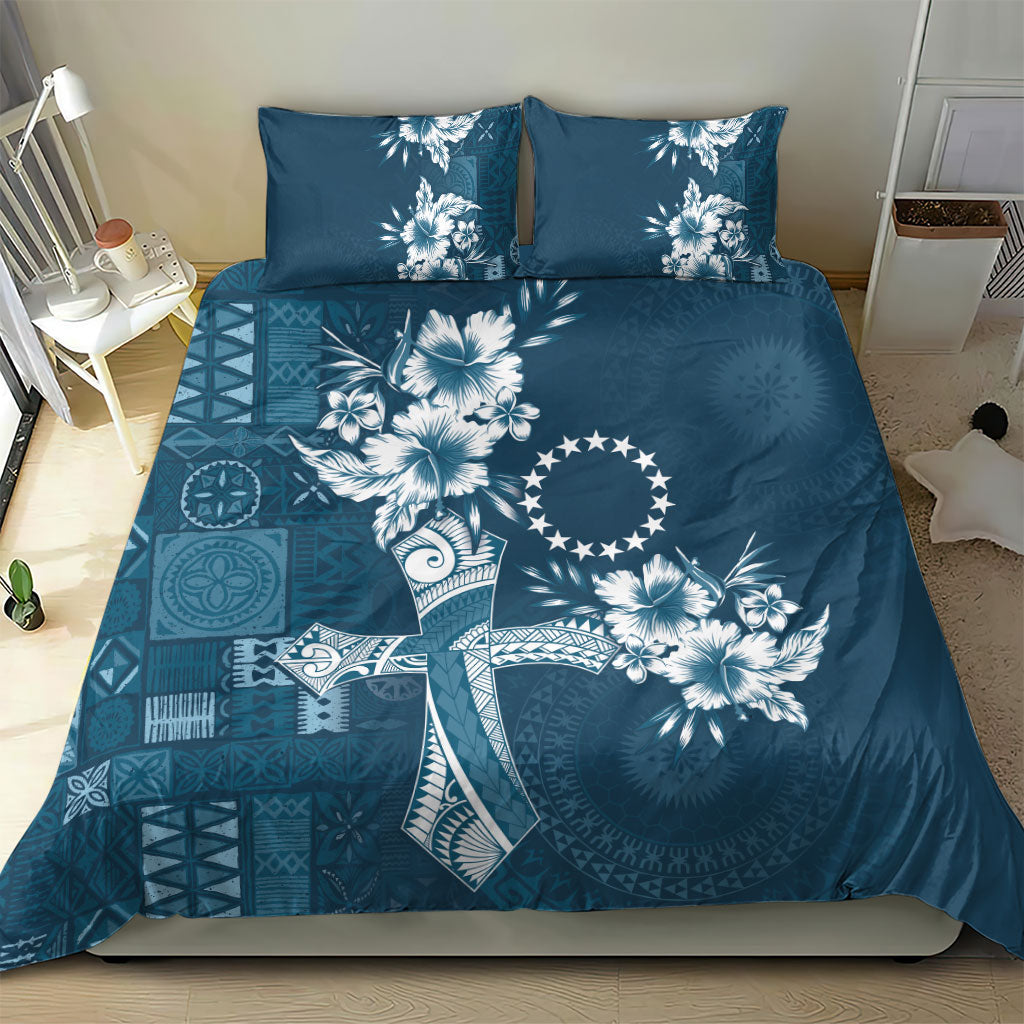 Kia Orana Cook Islands Tapa Floral With Cross Bedding Set Navy Blue LT7 - Polynesian Pride