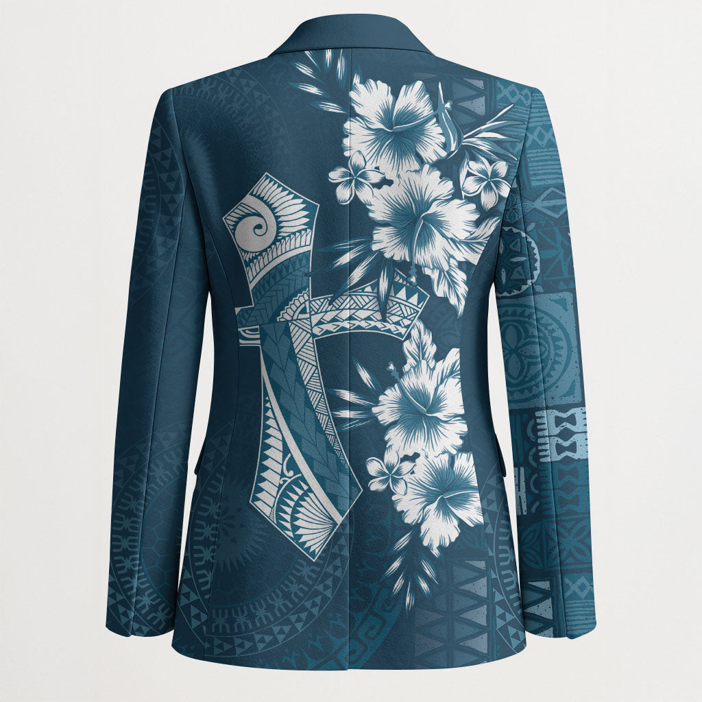 Kia Orana Cook Islands Tapa Floral With Cross Blazer Navy Blue LT7 - Polynesian Pride