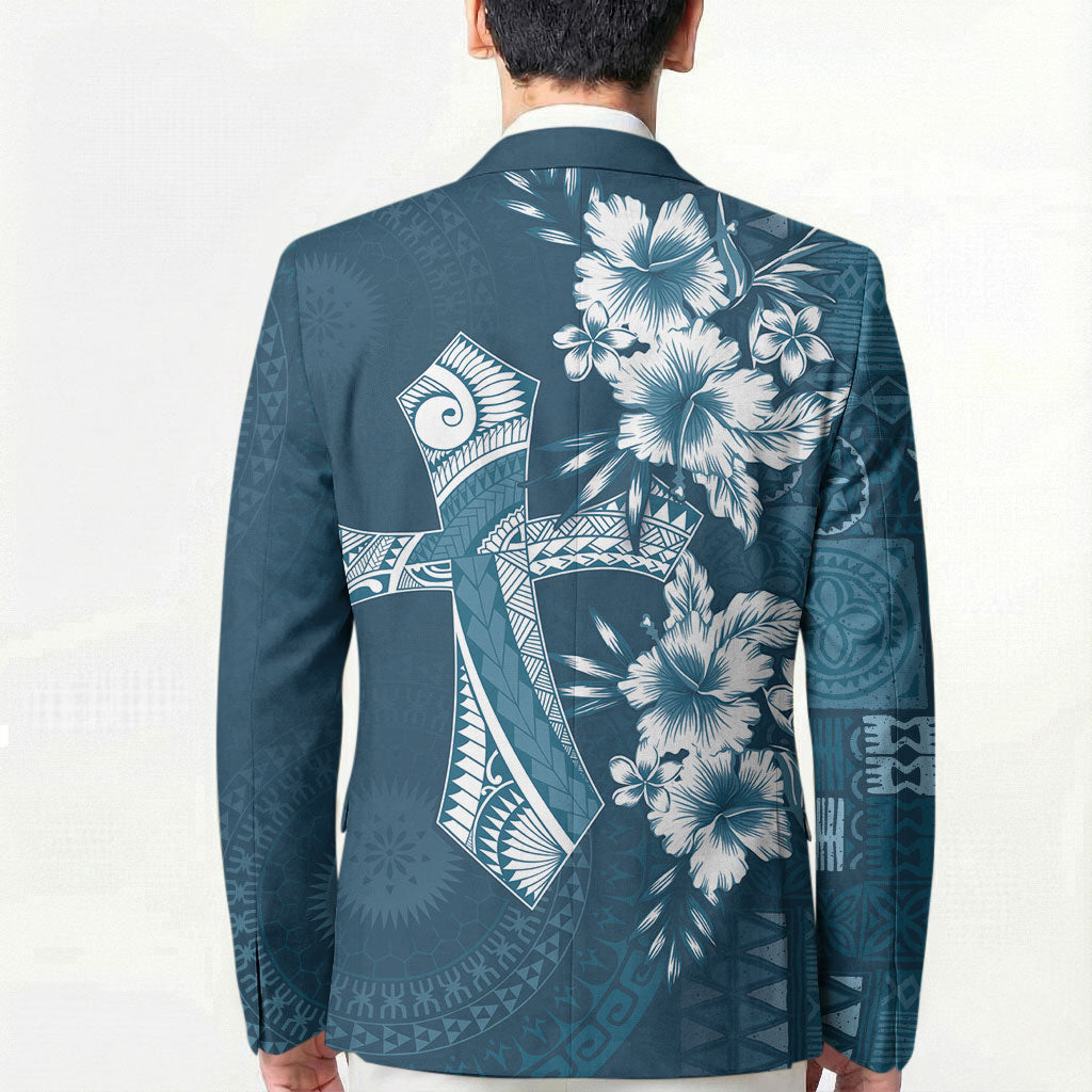 Kia Orana Cook Islands Tapa Floral With Cross Blazer Navy Blue LT7 - Polynesian Pride