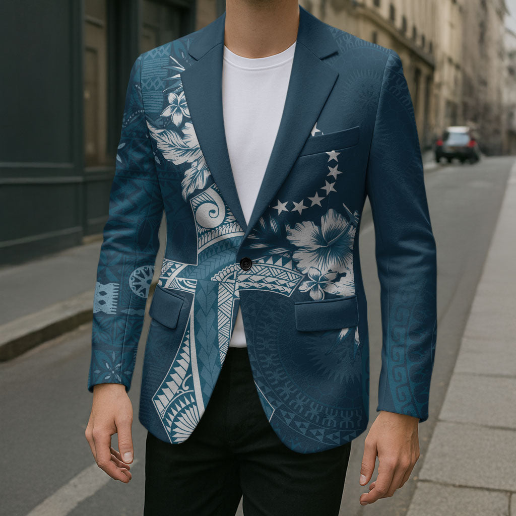 Kia Orana Cook Islands Tapa Floral With Cross Blazer Navy Blue LT7 - Polynesian Pride