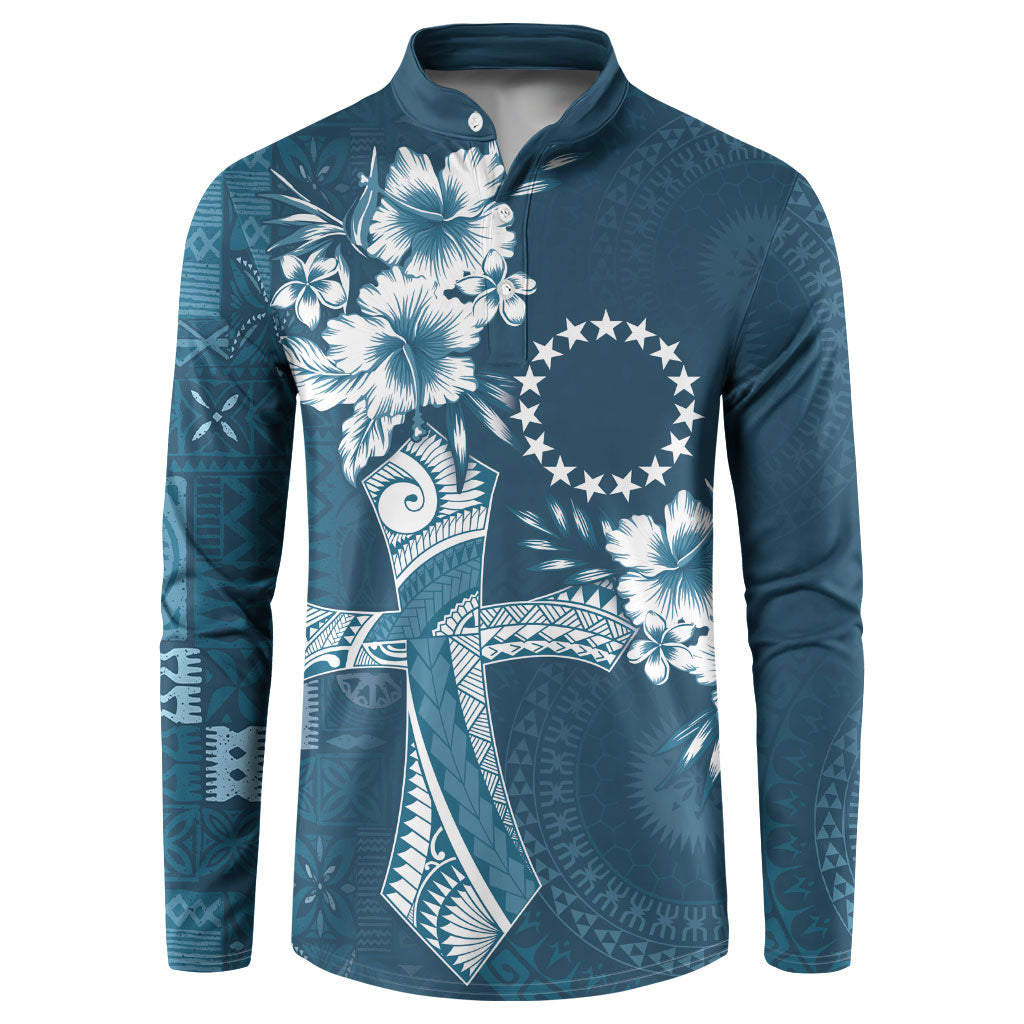 Kia Orana Cook Islands Tapa Floral With Cross Button Sweatshirt Navy Blue LT7 Navy Blue - Polynesian Pride