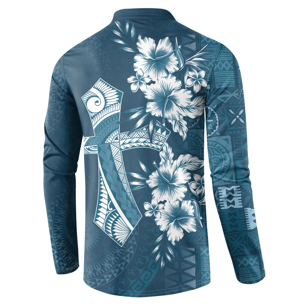 Kia Orana Cook Islands Tapa Floral With Cross Button Sweatshirt Navy Blue LT7 - Polynesian Pride
