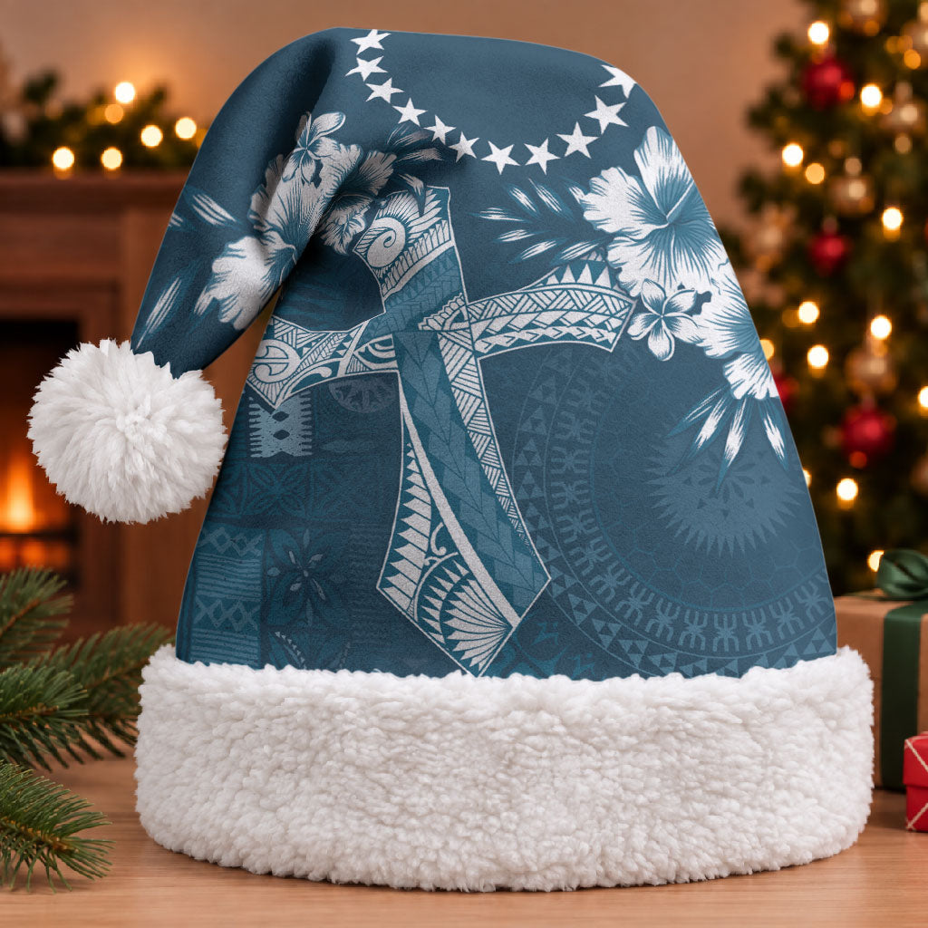 Kia Orana Cook Islands Tapa Floral With Cross Christmas Santa Hat Navy Blue LT7 With Fur Navy Blue - Polynesian Pride