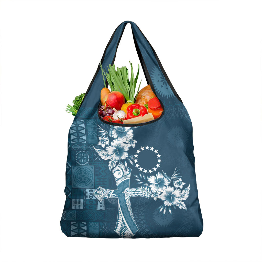 Kia Orana Cook Islands Tapa Floral With Cross Grocery Bag Navy Blue LT7 1-pack One Size Navy Blue - Polynesian Pride