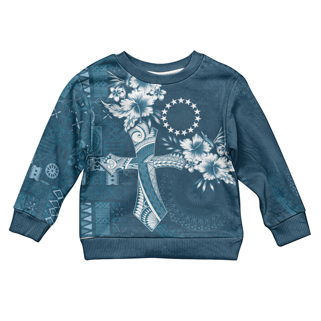 Kia Orana Cook Islands Tapa Floral With Cross Kid Ugly Christmas Sweater Navy Blue LT7 Kid Navy Blue - Polynesian Pride