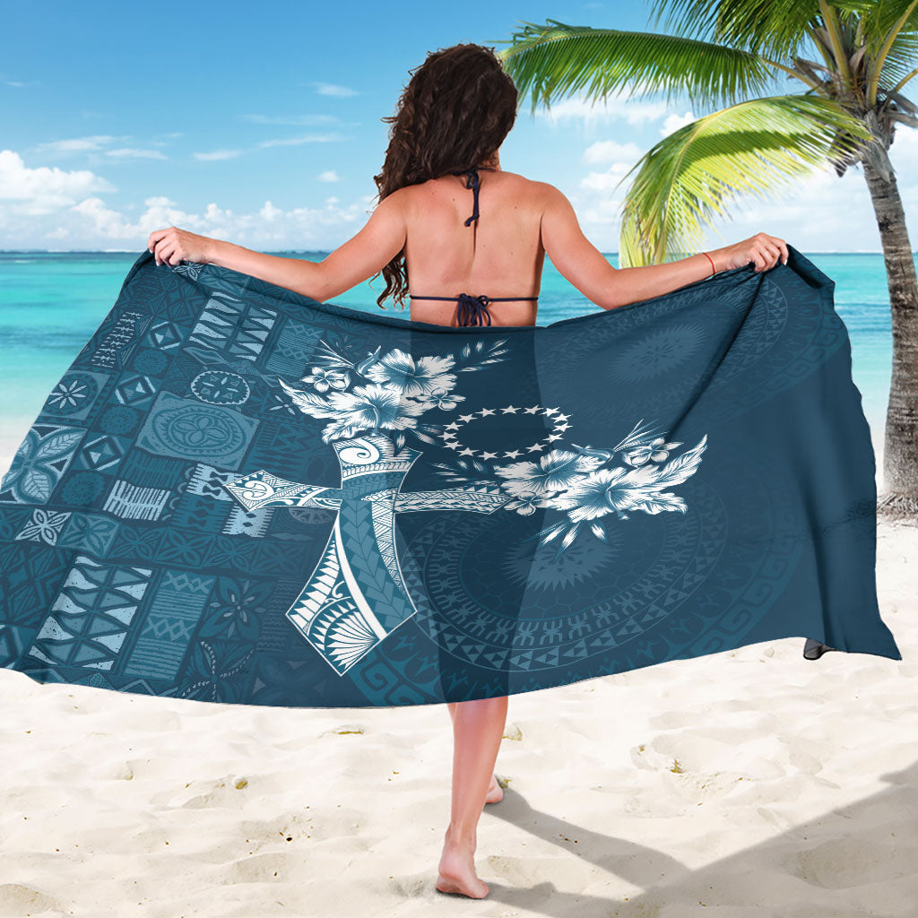 Kia Orana Cook Islands Tapa Floral With Cross Sarong Navy Blue LT7 - Polynesian Pride