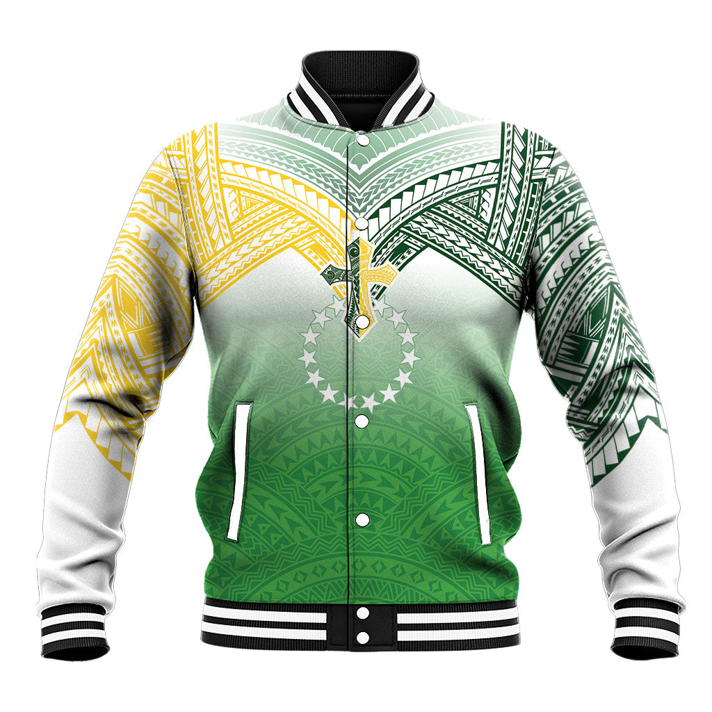 Cook Islands Rugby Medallion Of Stars Baseball Jacket Kuki Airani Avaiki LT7 Unisex White Green - Polynesian Pride