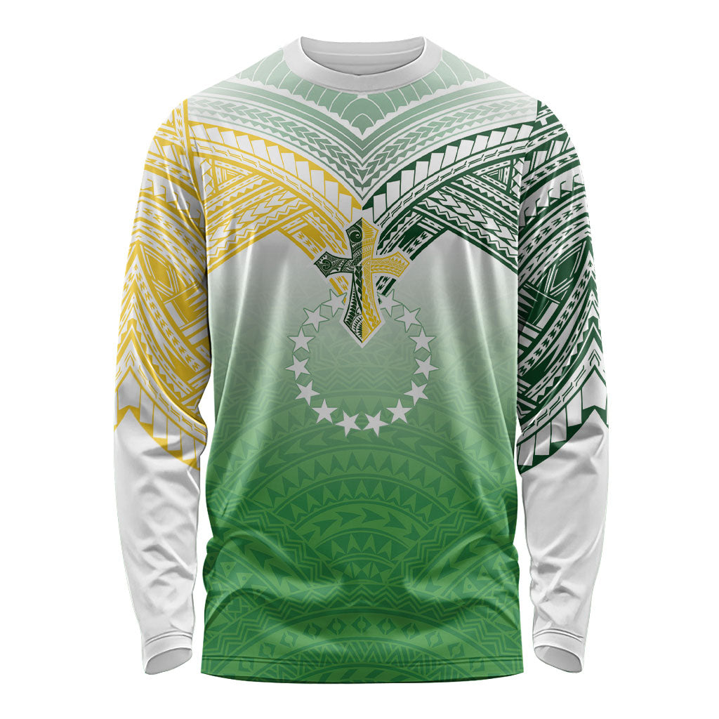 Cook Islands Rugby Medallion Of Stars Long Sleeve Shirt Kuki Airani Avaiki LT7 Unisex White Green - Polynesian Pride