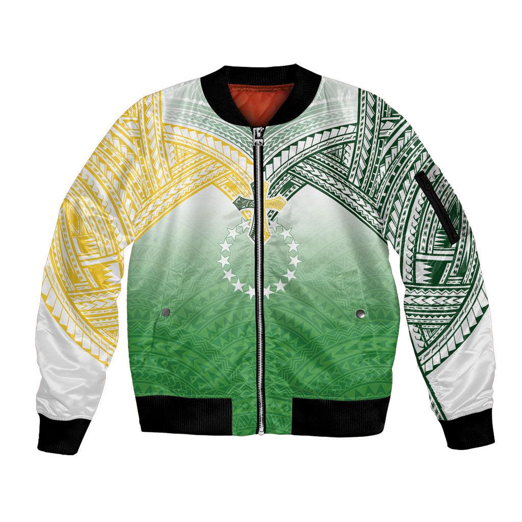 Cook Islands Rugby Medallion Of Stars Sleeve Zip Bomber Jacket Kuki Airani Avaiki LT7 Unisex White Green - Polynesian Pride