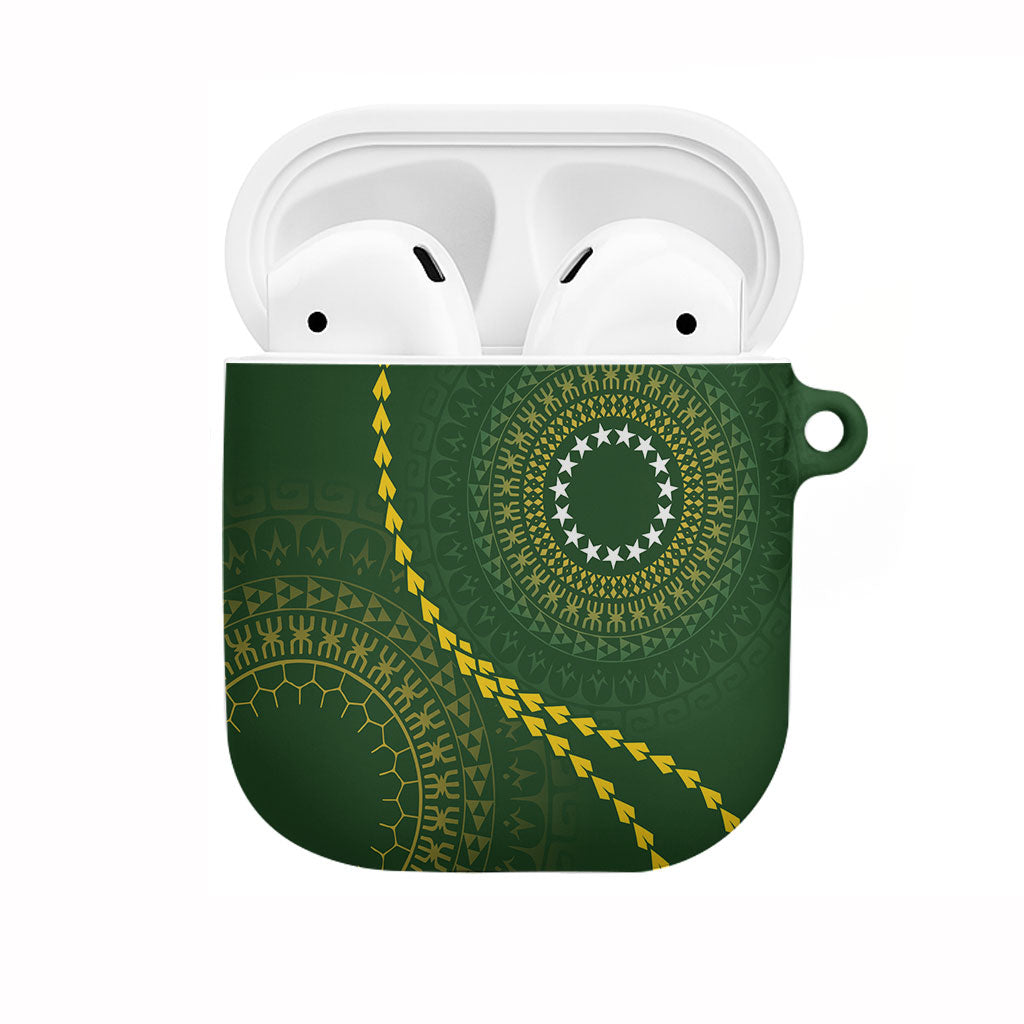 Cook Islands Rugby AirPods Case Kuki Tapa Motifs - Medallion Of Stars LT7 Dark Green - Polynesian Pride