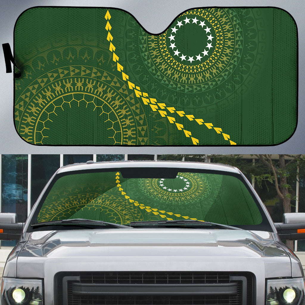 Cook Islands Rugby Auto Sun Shade Kuki Tapa Motifs - Medallion Of Stars LT7 Dark Green - Polynesian Pride