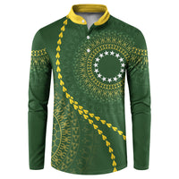 Cook Islands Rugby Custom Button Sweatshirt Kuki Tapa Motifs - Medallion Of Stars LT7 Dark Green - Polynesian Pride