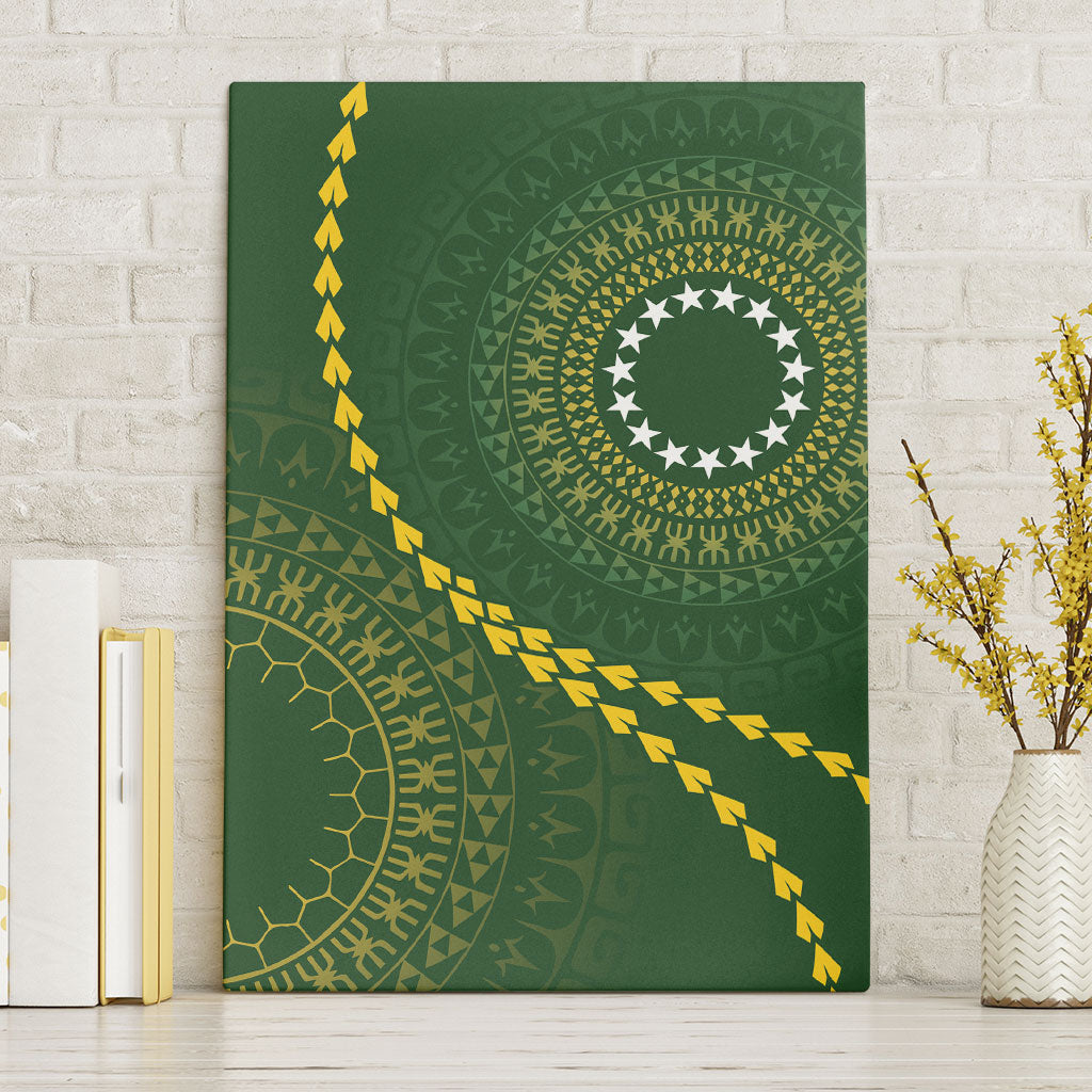 Cook Islands Rugby Canvas Wall Art Kuki Tapa Motifs - Medallion Of Stars LT7 Without Frame Dark Green - Polynesian Pride