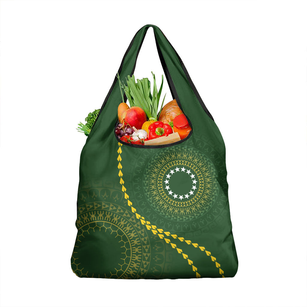 Cook Islands Rugby Grocery Bag Kuki Tapa Motifs - Medallion Of Stars LT7 1-pack One Size Dark Green - Polynesian Pride