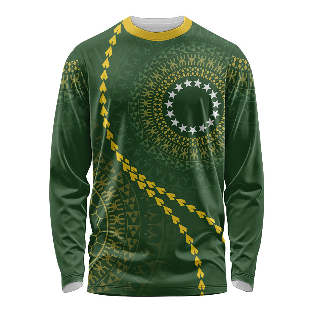 Cook Islands Rugby Custom Long Sleeve Shirt Kuki Tapa Motifs - Medallion Of Stars LT7 Unisex Dark Green - Polynesian Pride