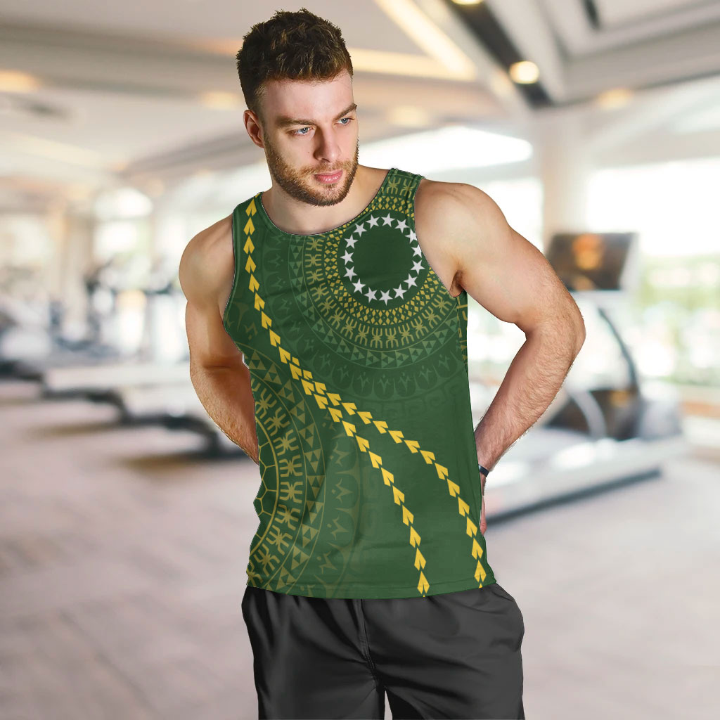 Cook Islands Rugby Custom Men Tank Top Kuki Tapa Motifs - Medallion Of Stars LT7 Dark Green - Polynesian Pride