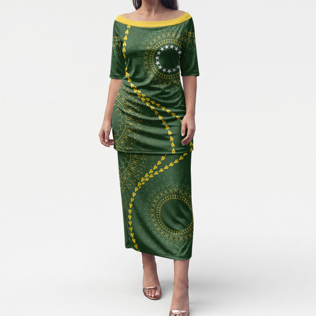 Cook Islands Rugby Custom Puletasi Kuki Tapa Motifs - Medallion Of Stars LT7 Long Dress Dark Green - Polynesian Pride