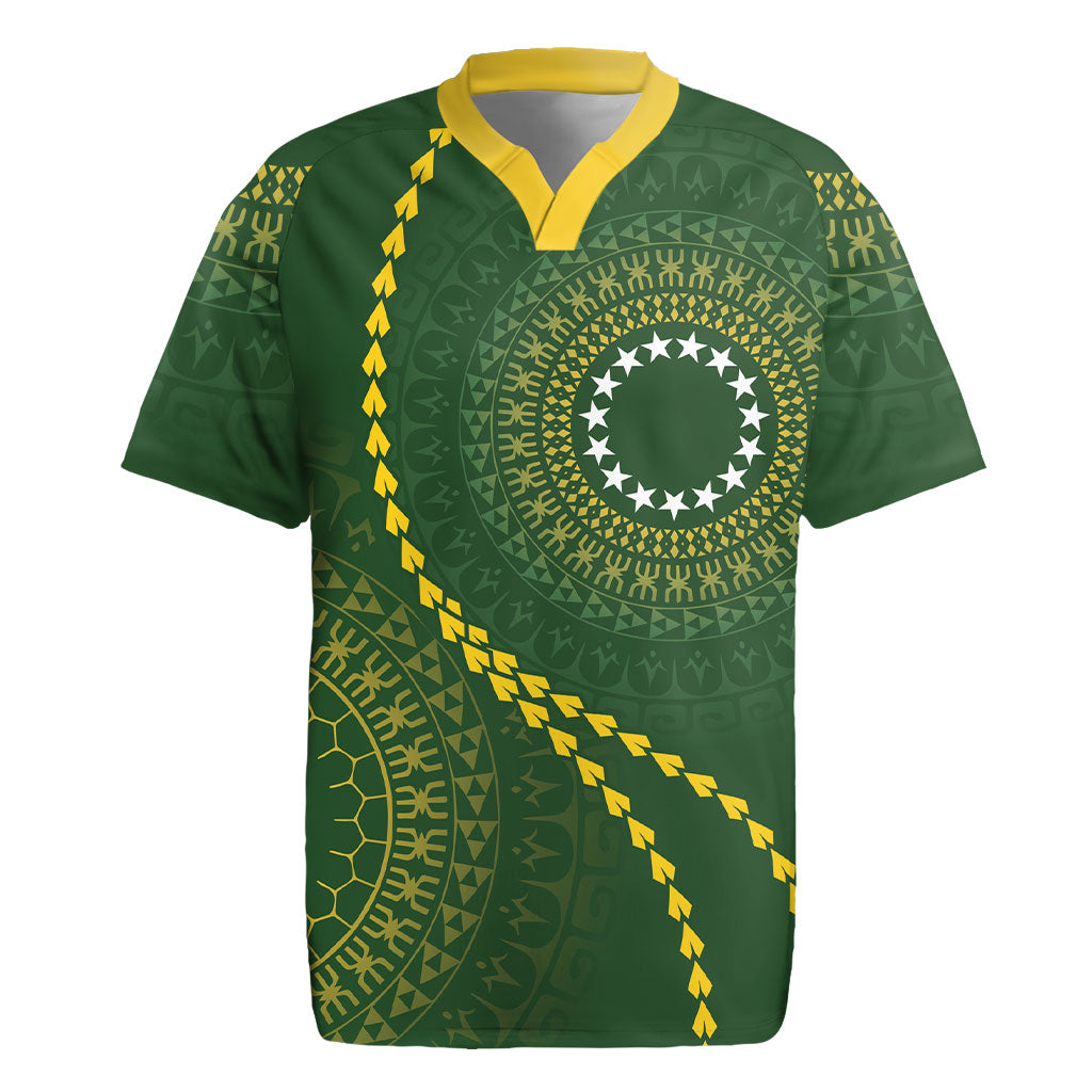 Cook Islands Rugby Custom Rugby Jersey Kuki Tapa Motifs - Medallion Of Stars LT7 Dark Green - Polynesian Pride