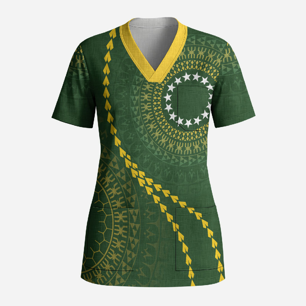 Cook Islands Rugby Custom Scrub Top Kuki Tapa Motifs - Medallion Of Stars LT7 Adult Dark Green - Polynesian Pride