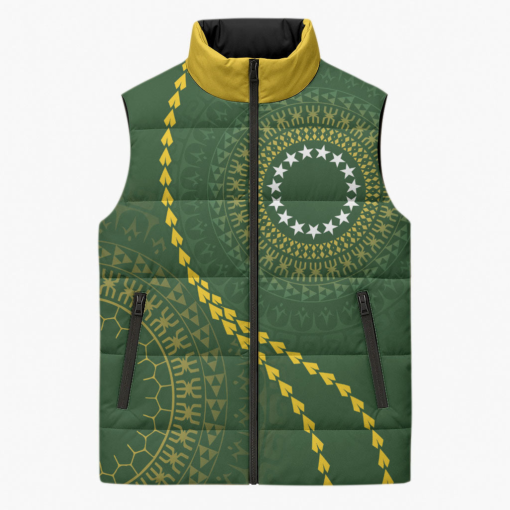 Cook Islands Rugby Custom Sleeveless Puffer Jacket Kuki Tapa Motifs - Medallion Of Stars LT7 Unisex Dark Green - Polynesian Pride