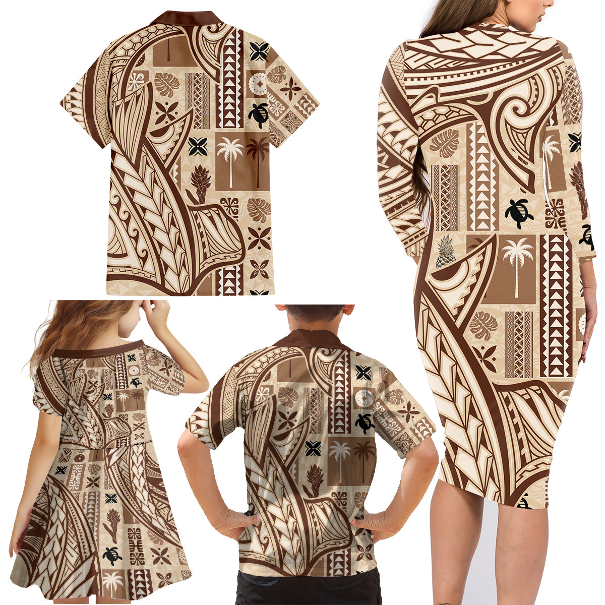 samoa-tapa-family-matching-long-sleeve-bodycon-dress-and-hawaiian-shirt-siapo-mix-tatau-patterns