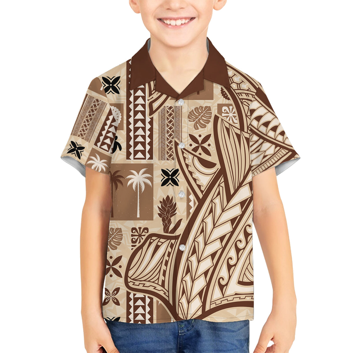 Samoa Tapa Family Matching Puletasi Dress and Hawaiian Shirt Siapo Mix Tatau Patterns LT7 Son's Shirt Beige - Polynesian Pride