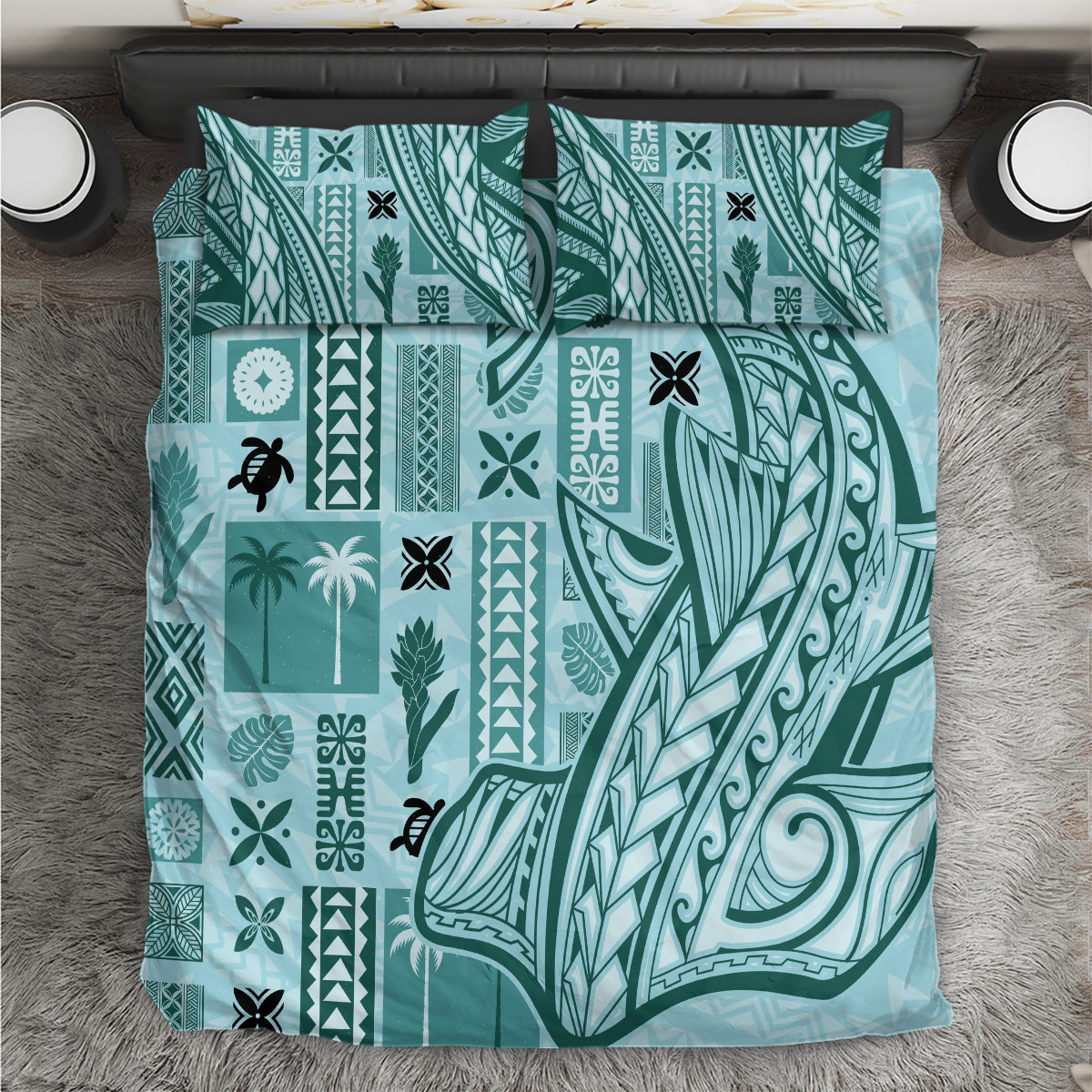 Samoa Tapa Bedding Set Siapo Mix Tatau Patterns - Teal LT7 Teal - Polynesian Pride