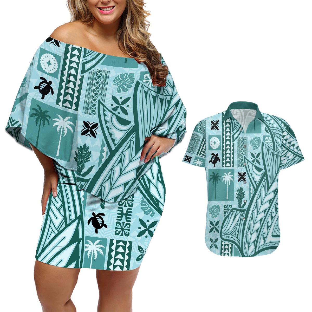 Samoa Tapa Couples Matching Off Shoulder Short Dress and Hawaiian Shirt Siapo Mix Tatau Patterns - Teal LT7 Teal - Polynesian Pride