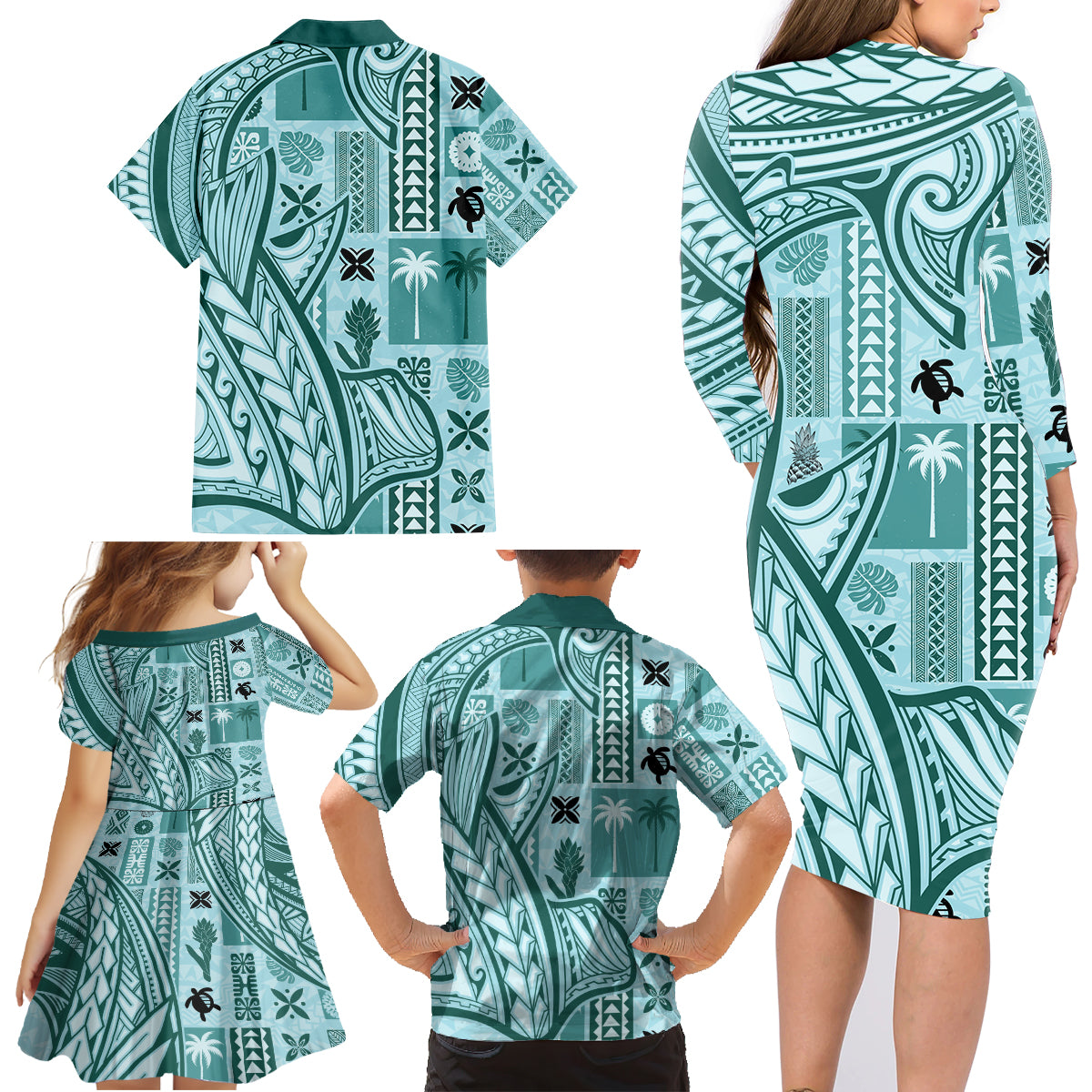 Samoa Tapa Family Matching Long Sleeve Bodycon Dress and Hawaiian Shirt Siapo Mix Tatau Patterns - Teal LT7 - Polynesian Pride