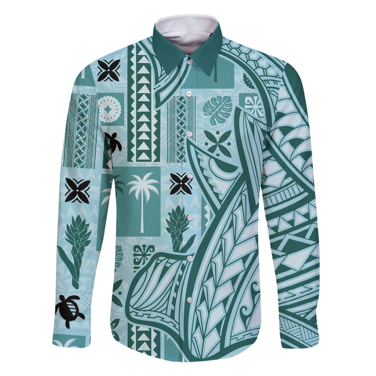 Samoa Tapa Family Matching Off Shoulder Long Sleeve Dress and Hawaiian Shirt Siapo Mix Tatau Patterns - Teal LT7 Dad's Shirt - Long Sleeve Teal - Polynesian Pride