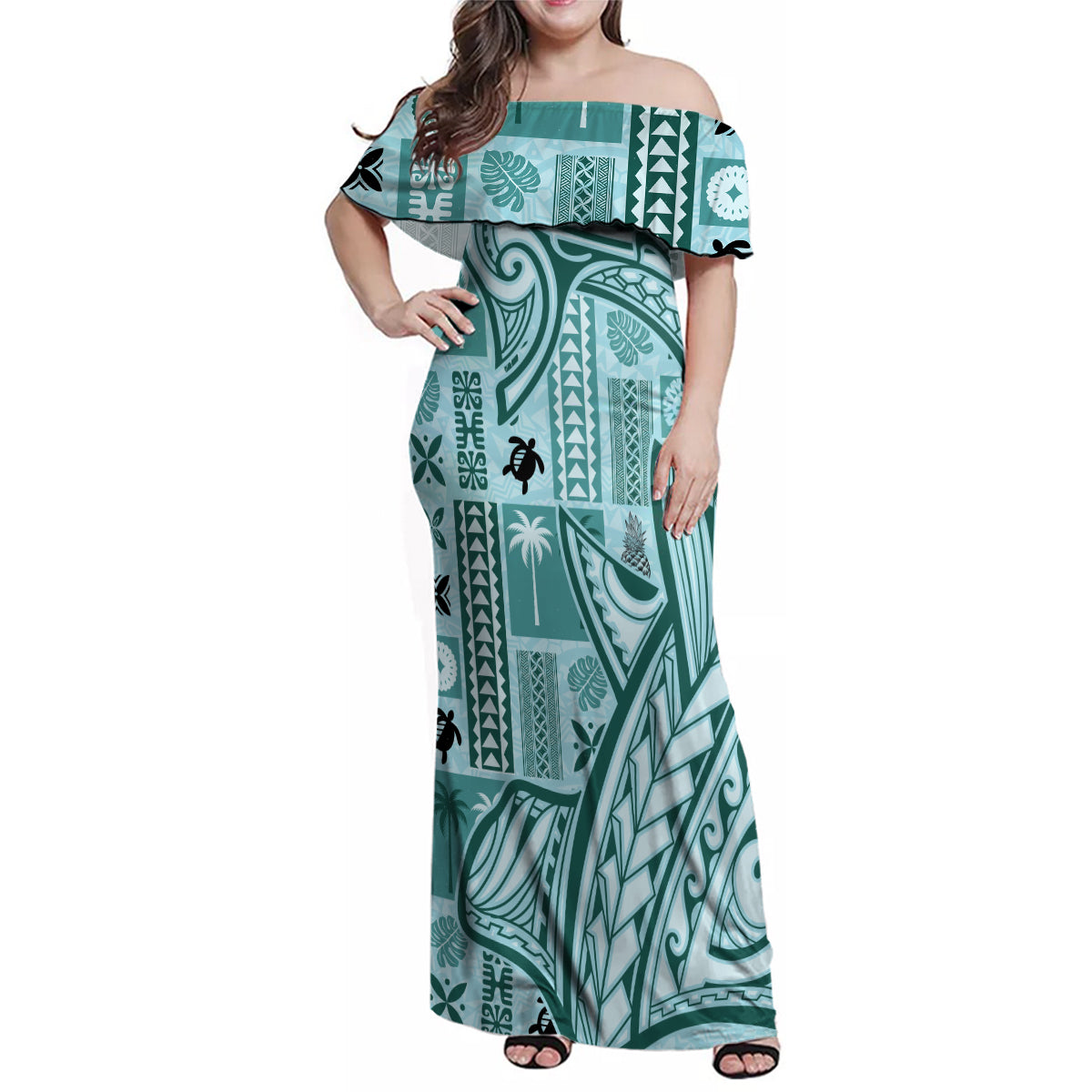 Samoa Tapa Family Matching Off Shoulder Maxi Dress and Hawaiian Shirt Siapo Mix Tatau Patterns - Teal LT7 Mom's Dress Teal - Polynesian Pride