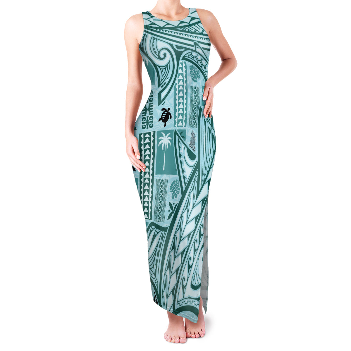 Samoa Tapa Family Matching Tank Maxi Dress and Hawaiian Shirt Siapo Mix Tatau Patterns - Teal LT7 Mom's Dress Teal - Polynesian Pride