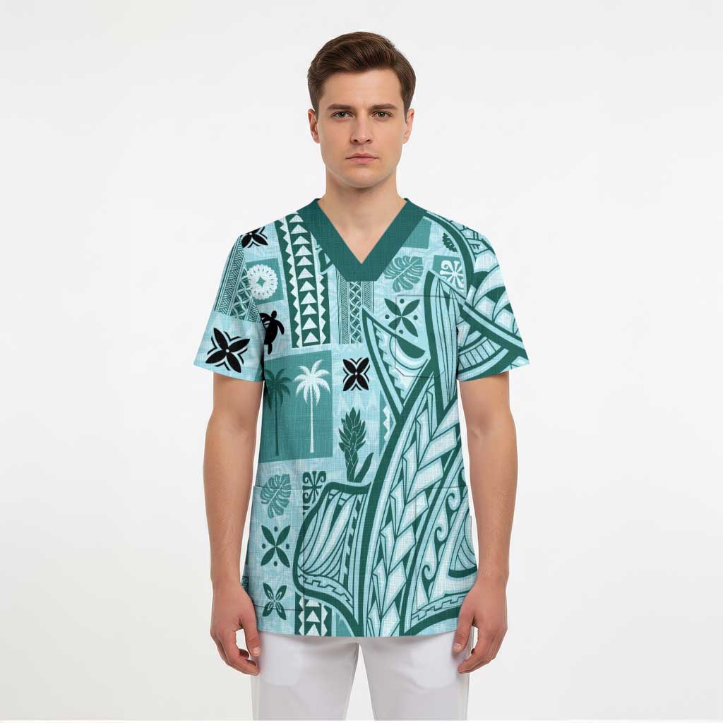 Samoa Tapa Scrub Top Siapo Mix Tatau Patterns - Teal - Polynesian Pride