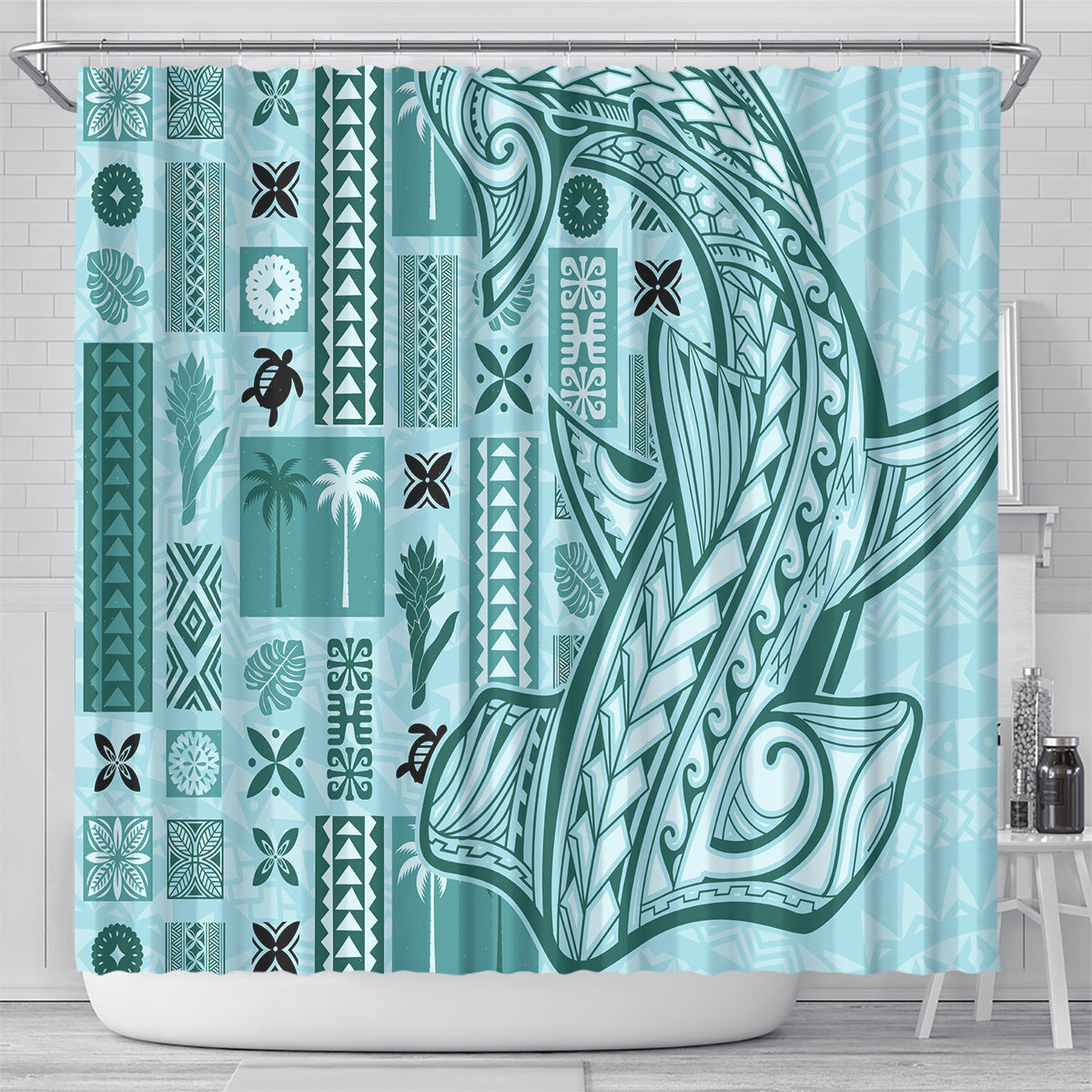 Samoa Tapa Shower Curtain Siapo Mix Tatau Patterns - Teal LT7 - Polynesian Pride