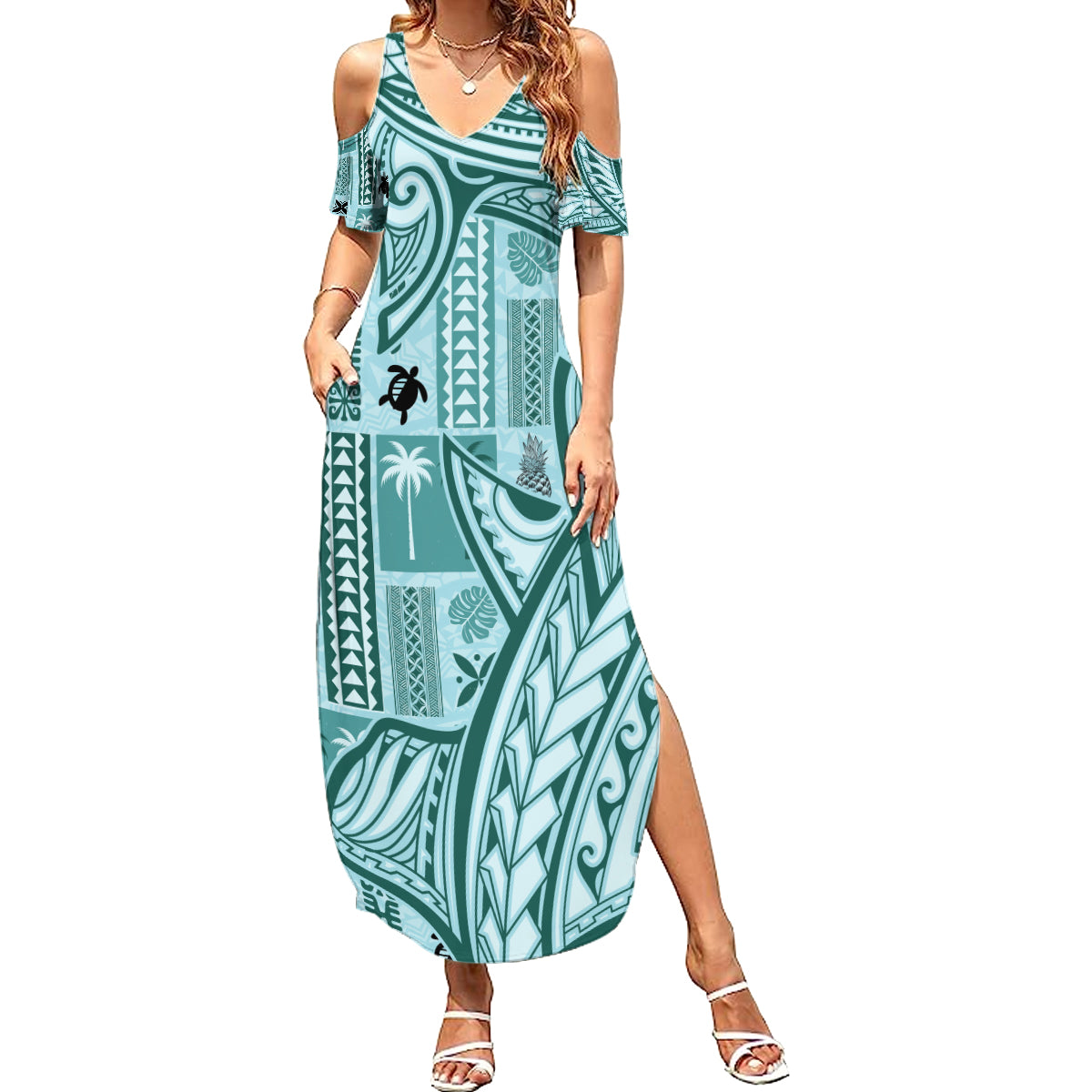 Samoa Tapa Summer Maxi Dress Siapo Mix Tatau Patterns - Teal LT7 Women Teal - Polynesian Pride