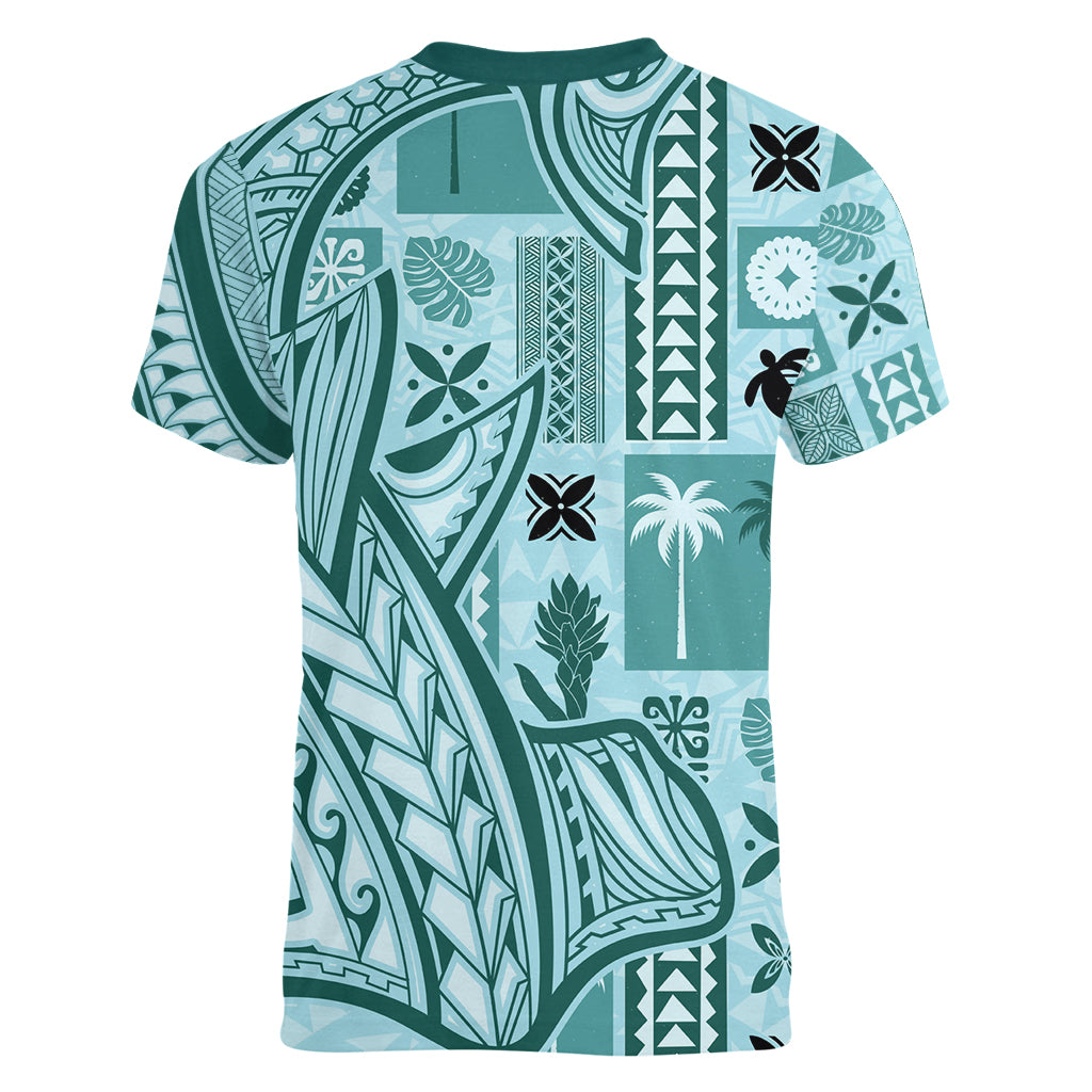 Samoa Tapa Women V Neck T Shirt Siapo Mix Tatau Patterns - Teal LT7 - Polynesian Pride