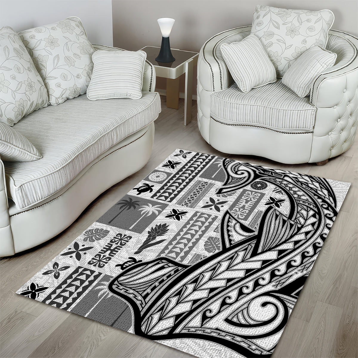 Samoa Tapa Area Rug Siapo Mix Tatau Patterns - White LT7 - Polynesian Pride