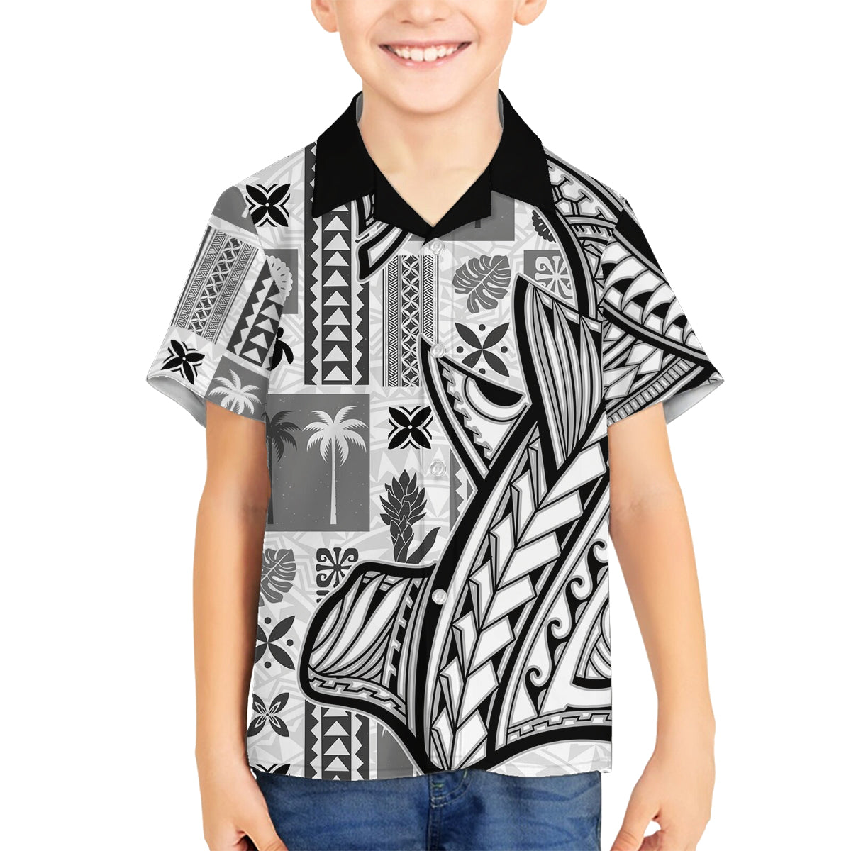 Samoa Tapa Family Matching Off Shoulder Maxi Dress and Hawaiian Shirt Siapo Mix Tatau Patterns - White LT7 Son's Shirt White - Polynesian Pride