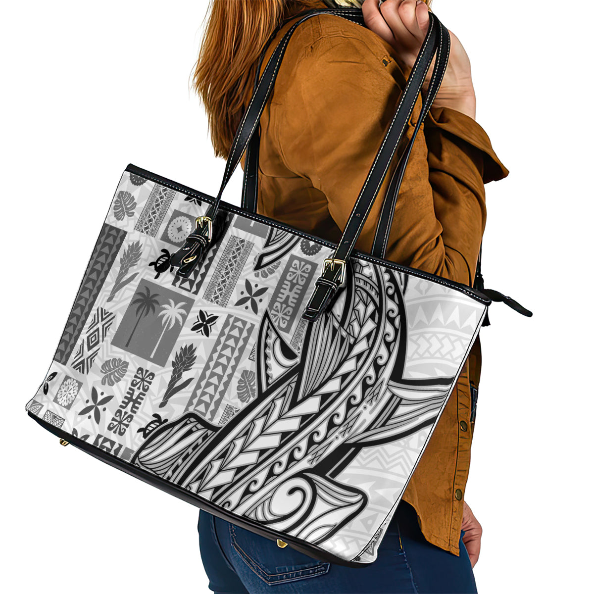 Samoa Tapa Leather Tote Bag Siapo Mix Tatau Patterns - White LT7 - Polynesian Pride