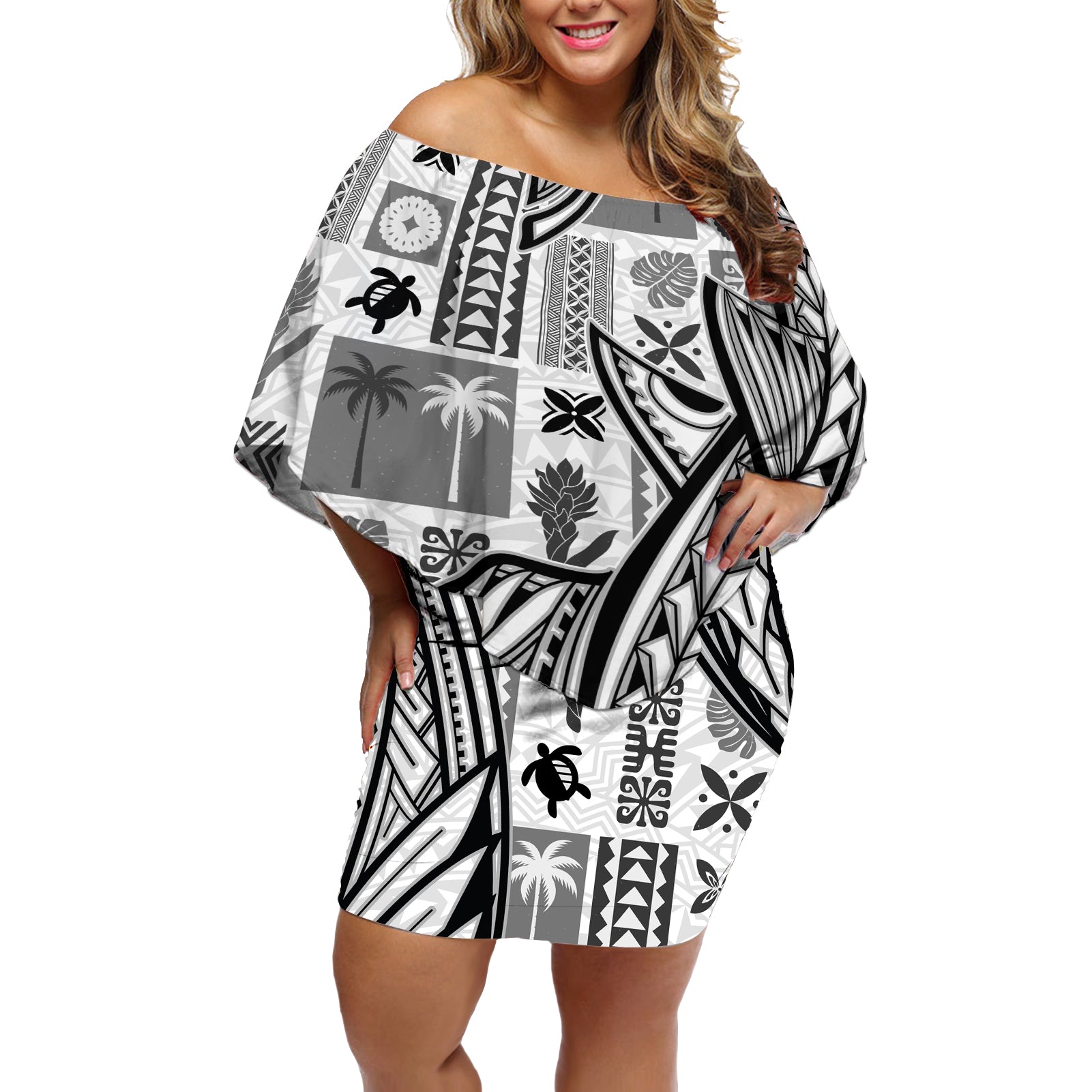 Samoa Tapa Off Shoulder Short Dress Siapo Mix Tatau Patterns - White LT7 Women White - Polynesian Pride