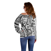 Samoa Tapa Off Shoulder Sweater Siapo Mix Tatau Patterns - White LT7 - Polynesian Pride