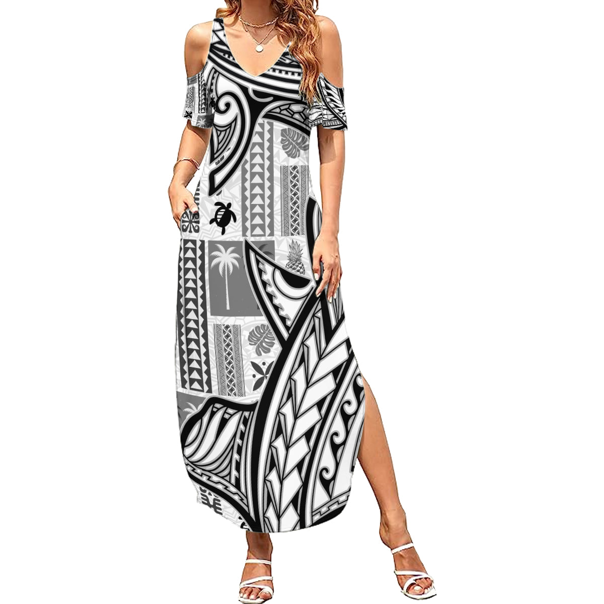 Samoa Tapa Summer Maxi Dress Siapo Mix Tatau Patterns - White LT7 Women White - Polynesian Pride