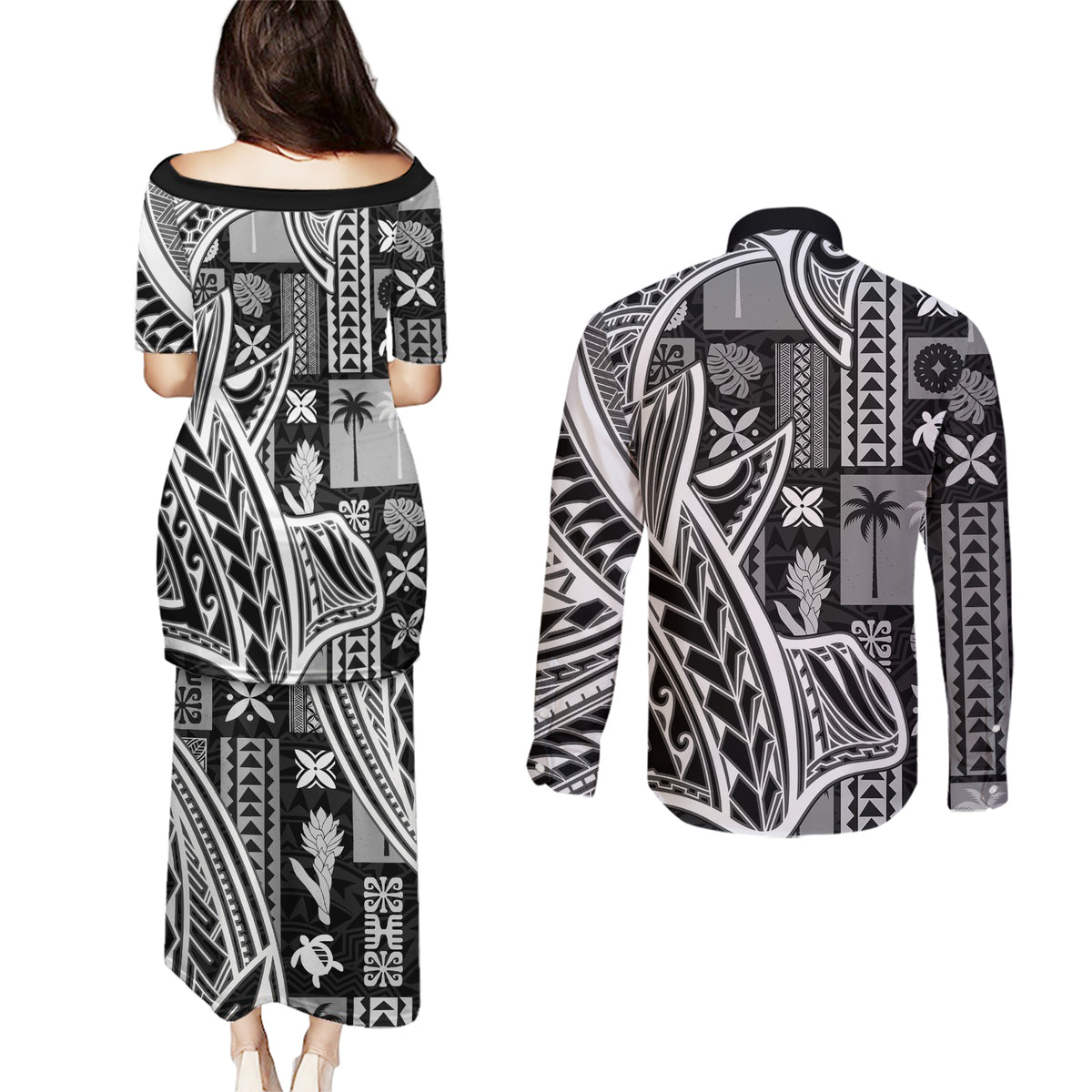Samoa Tapa Couples Matching Puletasi Dress and Long Sleeve Button Shirt Siapo Mix Tatau Patterns - Black LT7 - Polynesian Pride
