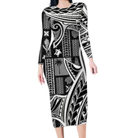 Samoa Tapa Family Matching Long Sleeve Bodycon Dress and Hawaiian Shirt Siapo Mix Tatau Patterns - Black LT7 Mom's Dress Black - Polynesian Pride
