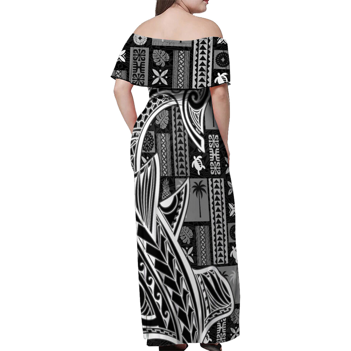Samoa Tapa Family Matching Off Shoulder Maxi Dress and Hawaiian Shirt Siapo Mix Tatau Patterns - Black LT7 - Polynesian Pride