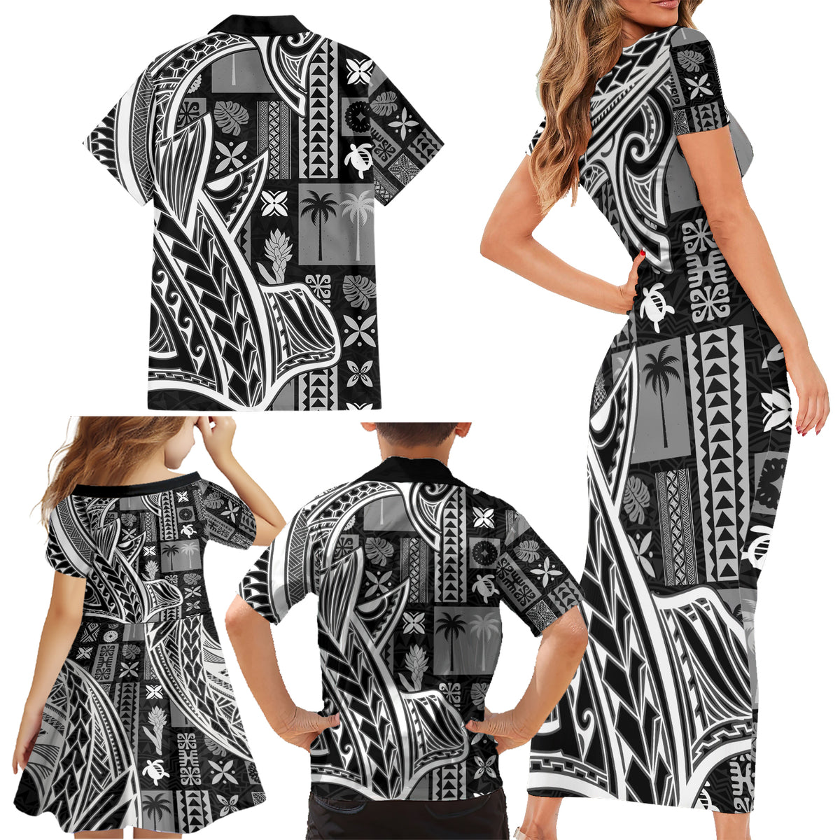 Samoa Tapa Family Matching Short Sleeve Bodycon Dress and Hawaiian Shirt Siapo Mix Tatau Patterns - Black LT7 - Polynesian Pride