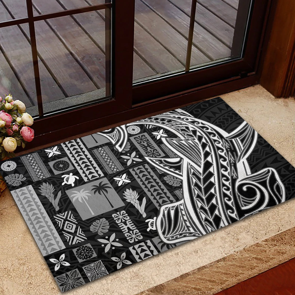 Samoa Tapa Rubber Doormat Siapo Mix Tatau Patterns - Black LT7 - Polynesian Pride