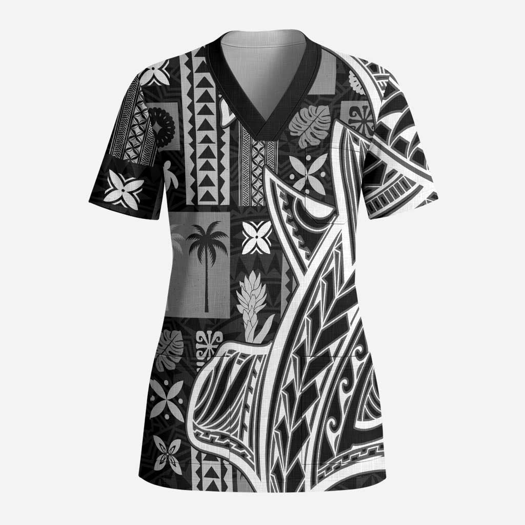 Samoa Tapa Scrub Top Siapo Mix Tatau Patterns - Black - Polynesian Pride