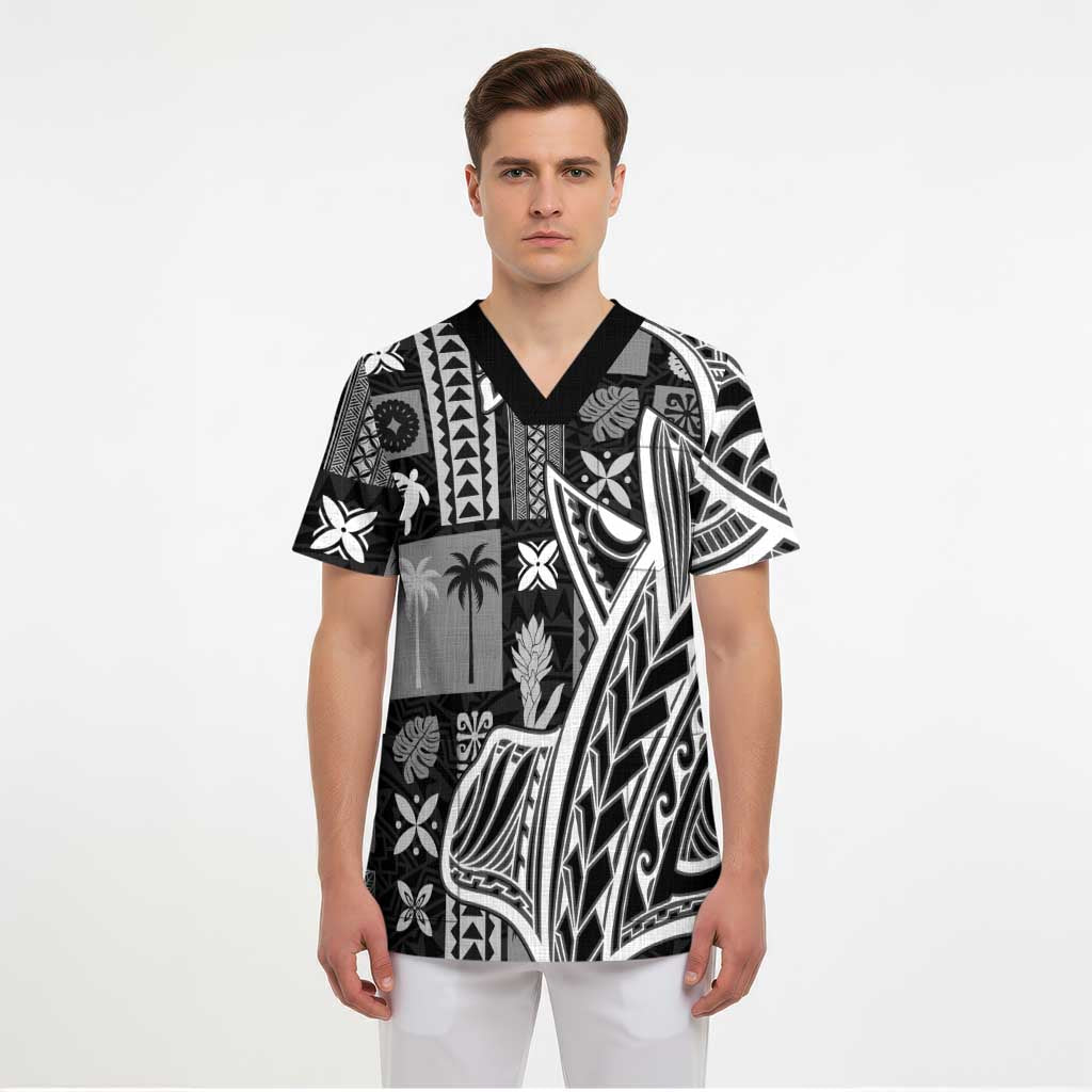 Samoa Tapa Scrub Top Siapo Mix Tatau Patterns - Black - Polynesian Pride