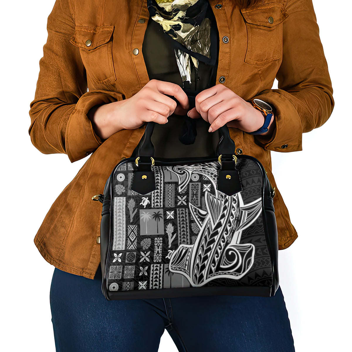 Samoa Tapa Shoulder Handbag Siapo Mix Tatau Patterns - Black LT7 - Polynesian Pride